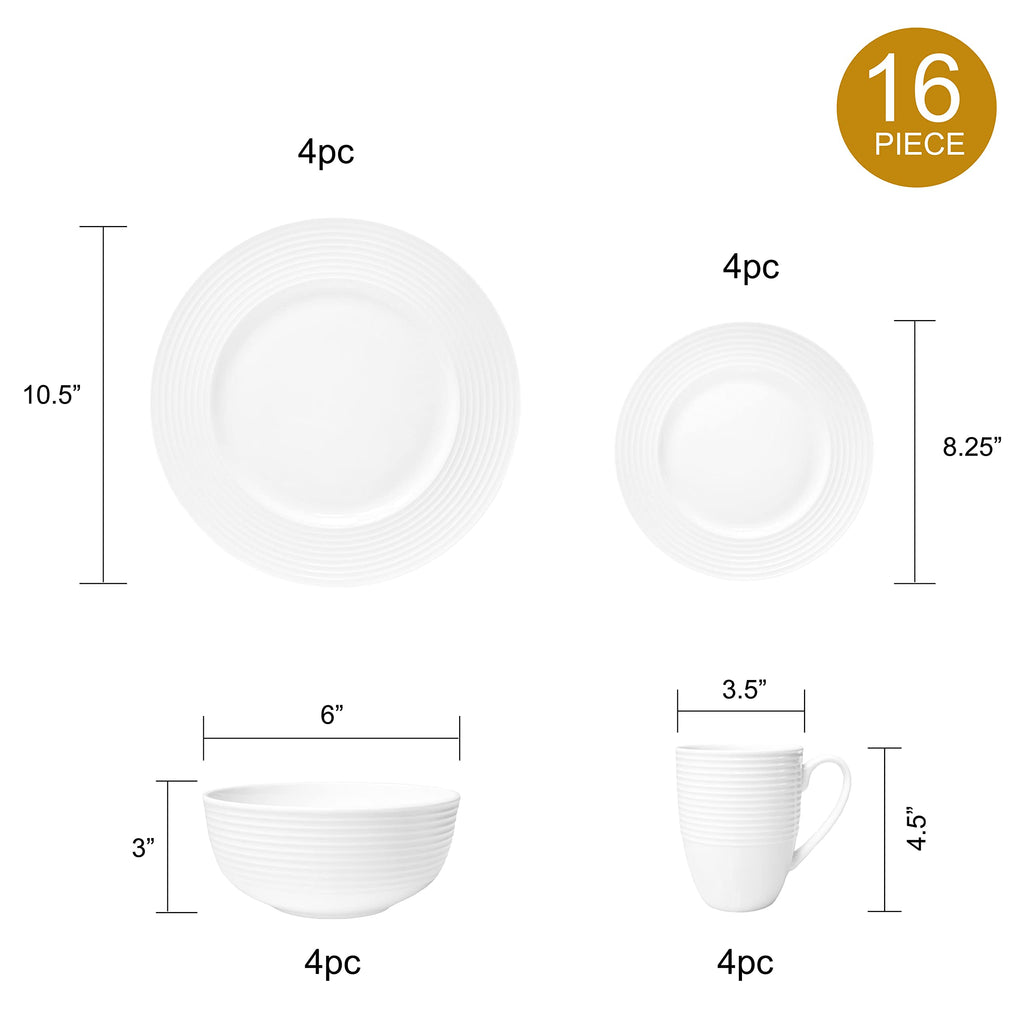 Bone China 16 Piece Dinnerware Dish Set, Service for 4, White Embossed Circle, Microwave Safe, Translucent, Elegant