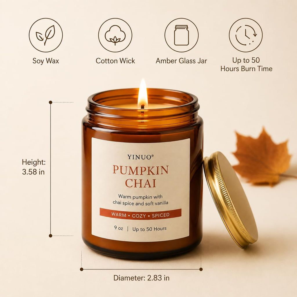 Pumpkin Chai Fall Scented Candle, 9 oz Soy Wax Candle Gift, Autumn Decor