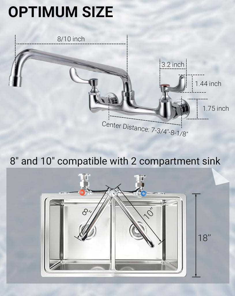 8" Center Wall Mount Commercial Sink Faucet with 10" Swivel Spout