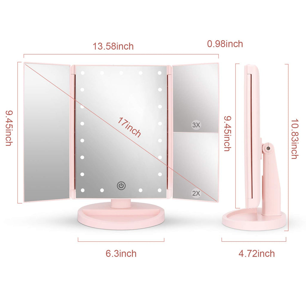 Tabletop Mount Tri-Fold Lighted Vanity Mirror with 21 LED Lights, Touch Screen and 3X/2X/1X Magnification, Two Power