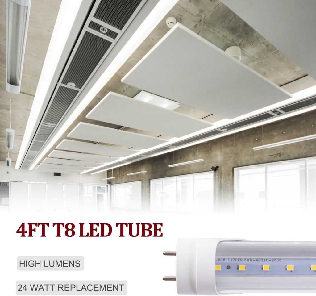 T8 LED Tube G13 Base, 4FT 24W 6000K Daylight White, Clear Cover, Flicker-Free LED Fluorescent Light Replacement