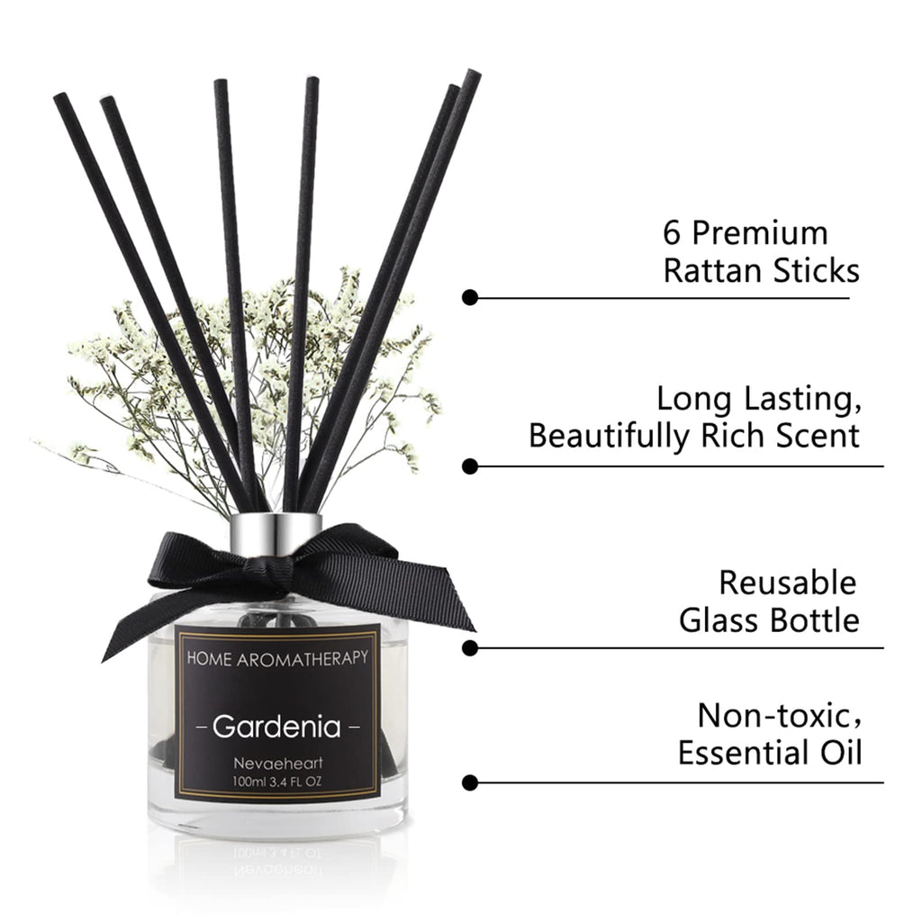 Reed Diffuser Set, Gardenia Reed Diffuser Gifts for Women, 3.4oz(100ml) Reed Diffuser with Sticks, Home Fragrance Reed