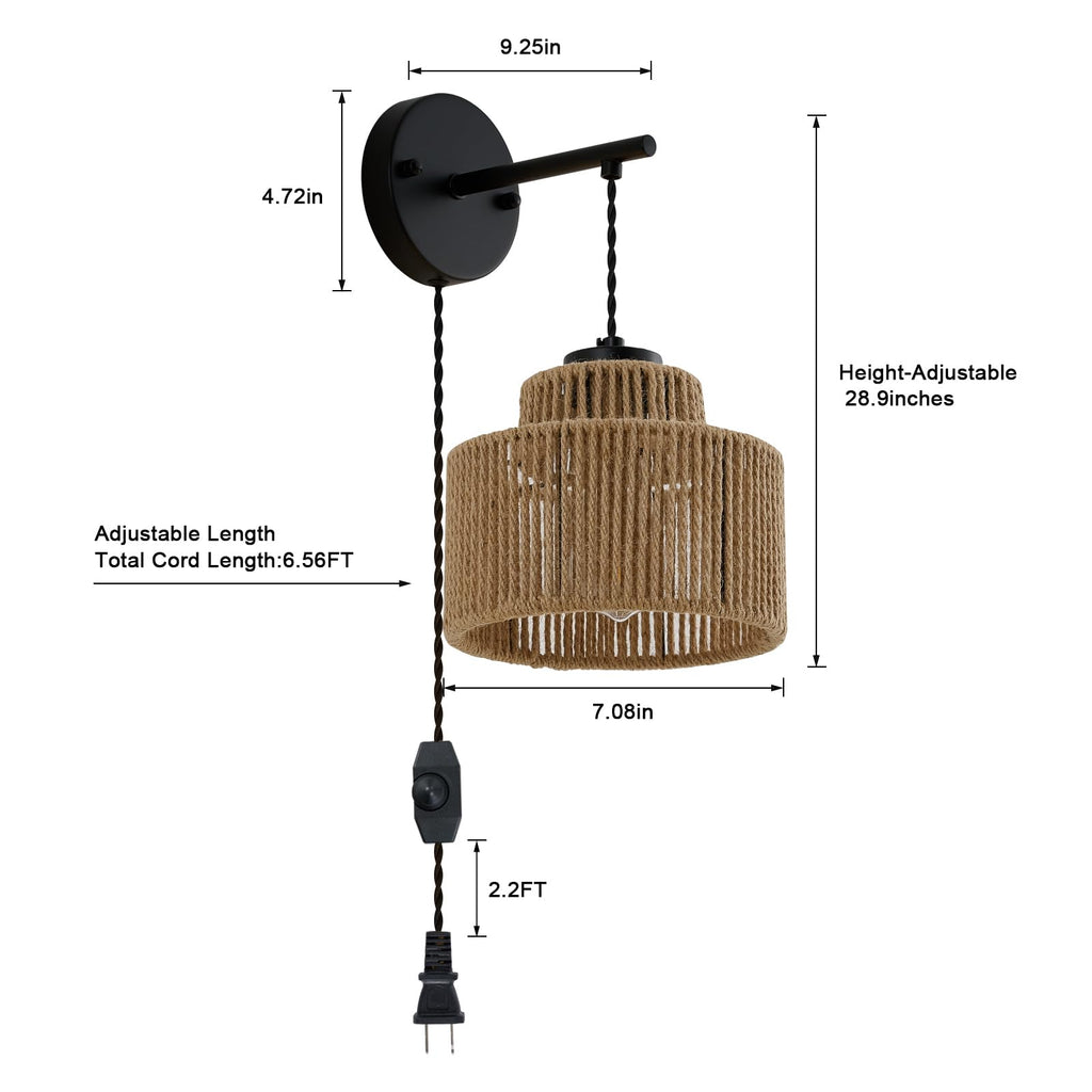 Rattan Plug in Wall Sconces 2 Pack with Dimmable Switch on 6.56FT Cord