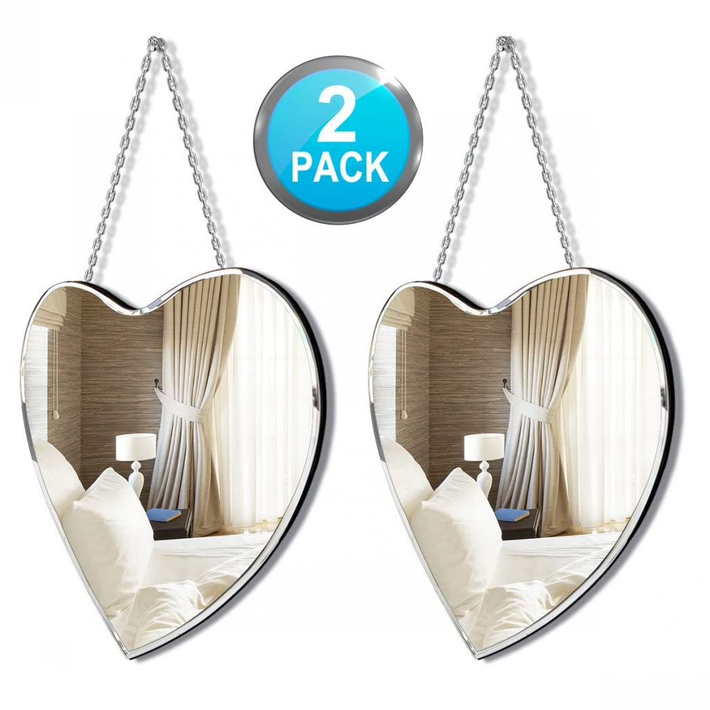Heart Shaped Mirror with Iron Chain for Wall Decor 12x12 inch 2 Pack Wall Hang Real Glass Frameless Decorative Accent