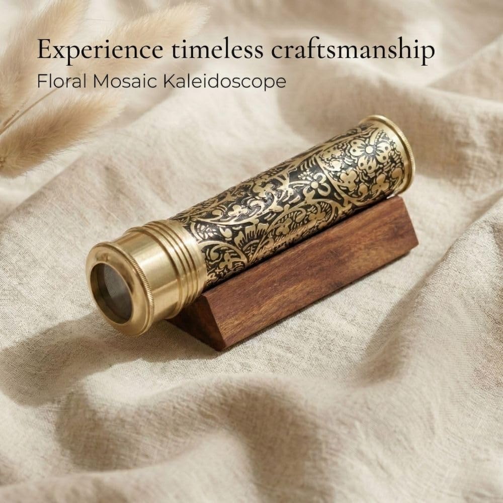 Handmade Kaleidoscope | Etched Brass with Three-Mirror System | Lampworking Glass Beads | Antique Brass Finish Wooden