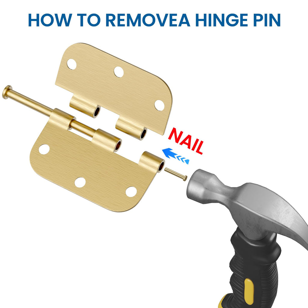 6 Pack Door Hinges Brushed Brass 3.5 Inch with 1/4" Radius Corners Rounded Satin Brass Interior Door Hinges 3 1/2"