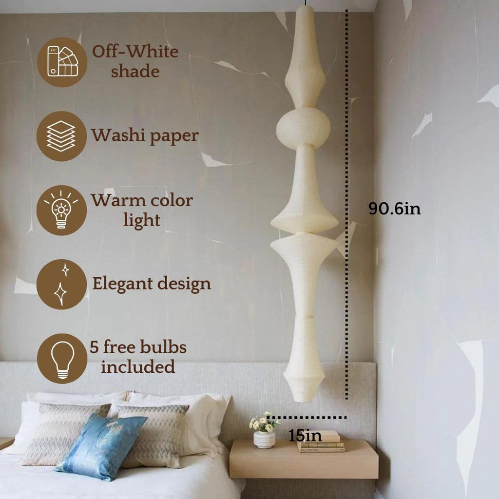 Inspired Noguchi Style Large Paper Lantern Pendant Light Fixture - Off White Rice Paper Lamp - Long Pendant - Perfect Decor, Easy