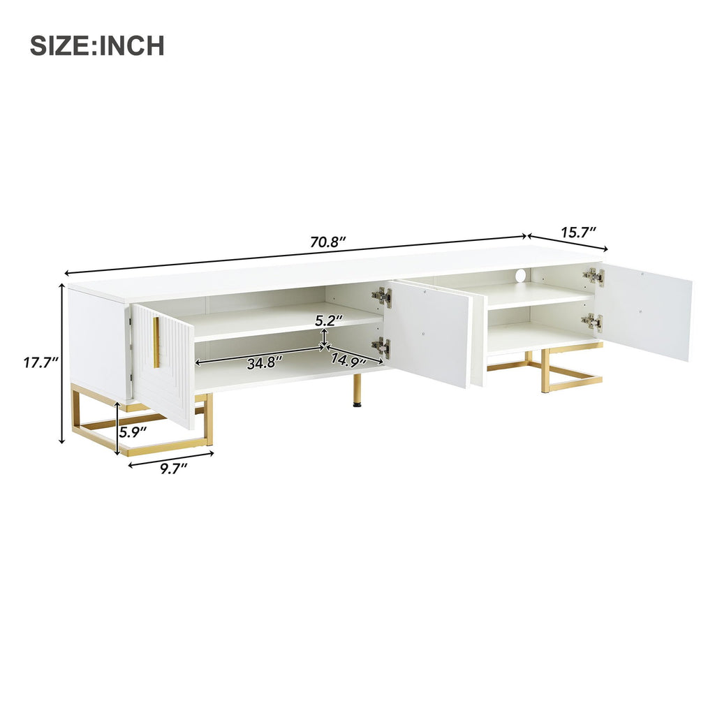Modern TV Stand with Metal Legs, Gold Handles, Geometric Lines and Adjustable Shelves for TVs Up to 80'', Media