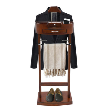 Suit Valet Stand Wood Valet Stand for Man, Wooden Clothing Valet Stand with Contour Hanger, Tray, Trouser Bar, Tie