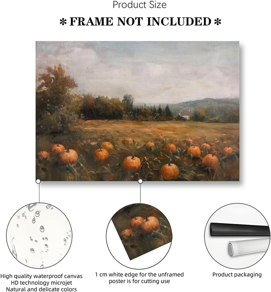 Autumn Pumpkin Field Wall Art Rustic Fall Harvest Landscape Poster Vintage Country Farmhouse Oil Painting Wall Decor