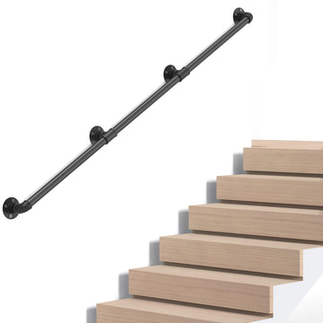 Industrial Pipe Stair Handrail, Wall-Mounted Metal Hand Rail for Indoor & Outdoor Steps, Black Galvanized Iron