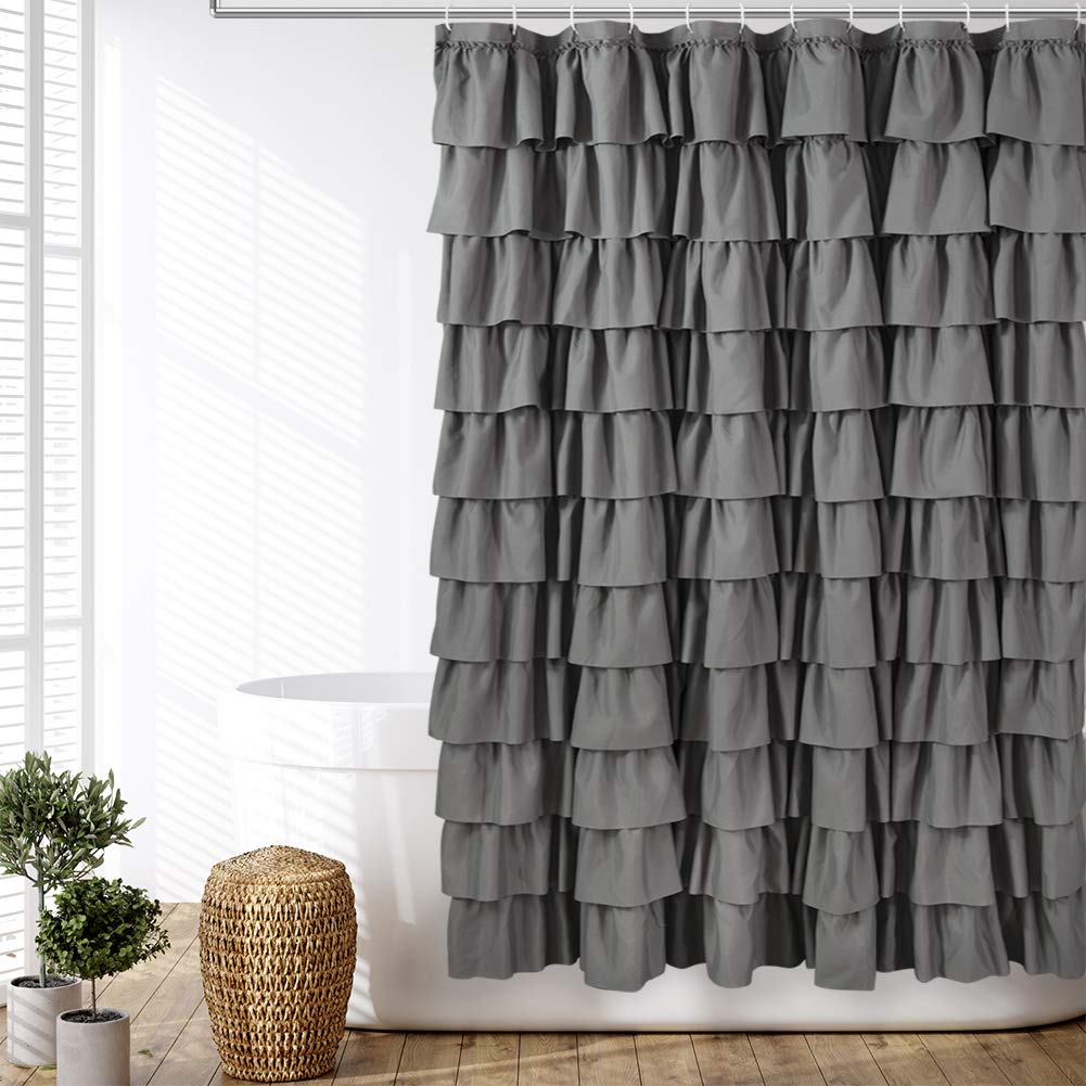 Gray Ruffle Shower Curtain, 72 x 84, Machine Washable Fabric
