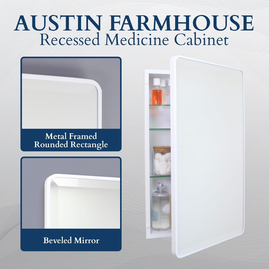 16x26 Austin Farmhouse Metal Framed Rounded Rectangle Recessed Bathroom Medicine Cabinet, Beveled Mirror, 14x24