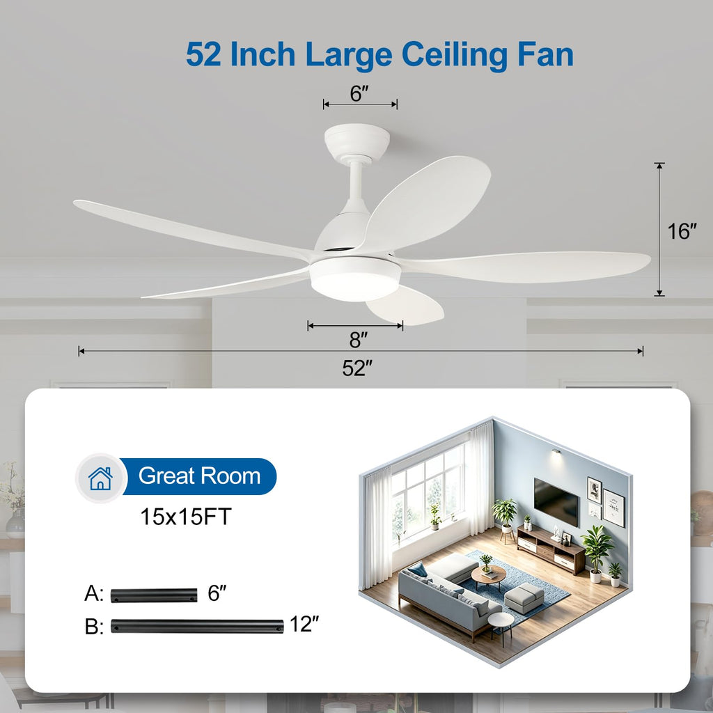 52 Inch White Outdoor Ceiling Fan with Lights and Remote Control, 3CCT Dimmable LED Light Fixture, Damp Rated Palm