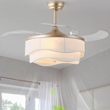 42" Gold Retractable Ceiling Fan with Light, Boho Fandelier Ceiling Fans Remote Control, Caged Chandelier with Fans