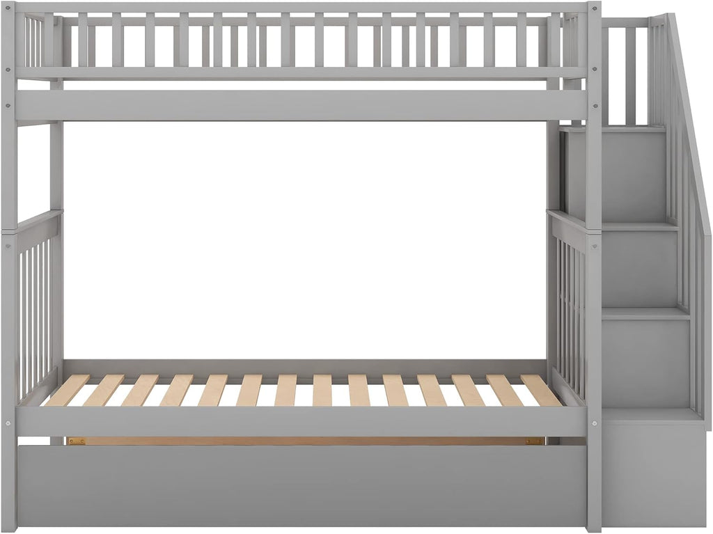 Stairway Bunk Bed Twin Over Twin with Trundle and Shelves,Can be Split into 3 Separate Beds,Wooden Triple Bunk Bed