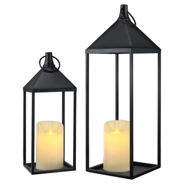17" 13" Modern Farmhouse Candle Lantern Decor Set of 2 Black Metal Candle Lanterns with Flameless Candles, Lanterns