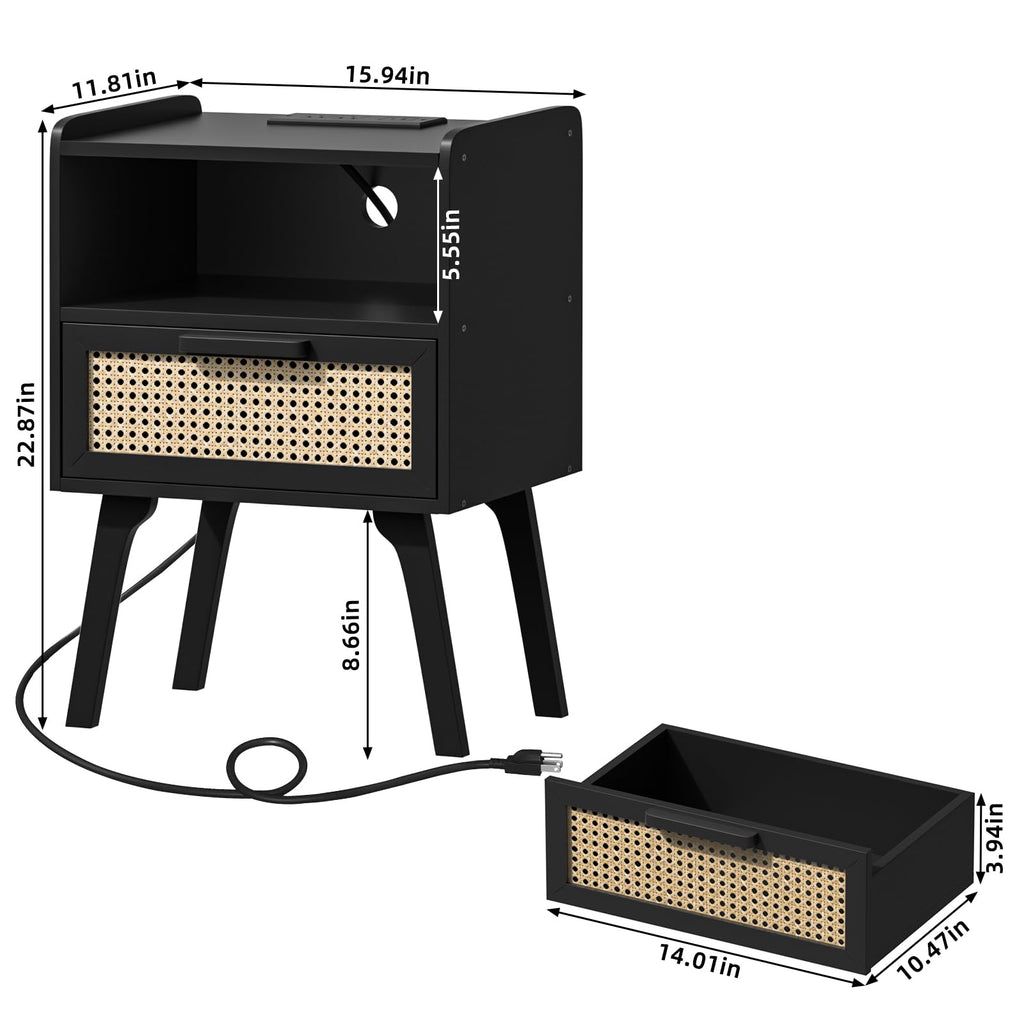 Rattan Nightstands Set of 2 with Charging Station, Boho Side Table
