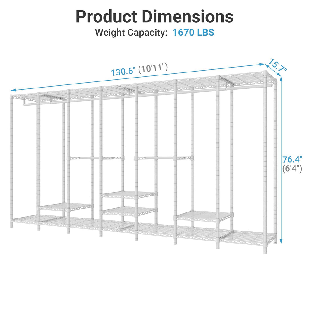 V70 White Metal Garment Rack, Adjustable Open Wardrobe Load 1670lbs
