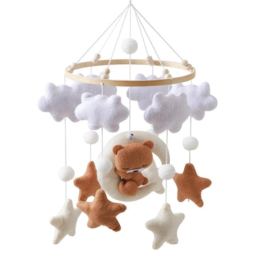Baby Mobile for Crib - Neutral Boho Nursery Decor with Felt Moon, Stars, Clouds & Bear - Silent Soothing Bed Bell