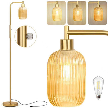 Glass Floor Lamp, Dimmer Standing Lamp with Green Ribbed Lampshade, 66" Tall Lamp & Gold Floor Lamp Study