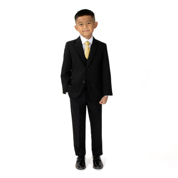 Boys' Modern Fit Suit Set - Weddings, Baptism, and Christening, Black Suit & Antique Gold Tie