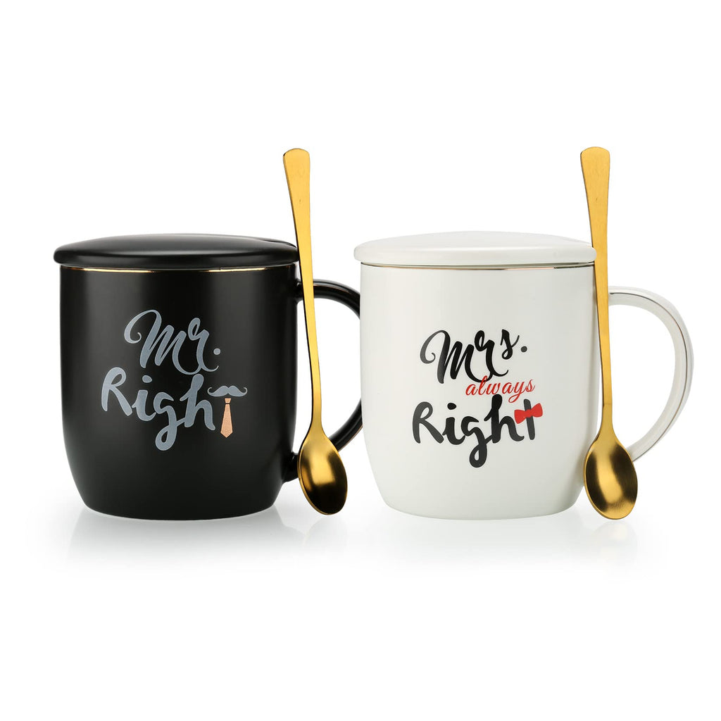 Wedding Gifts For Couples, Ceramic Mugs Set with Lids & Spoons