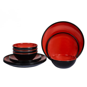 Melamine Dinnerware Set - 12pcs Red Plate and Bowl Set Indoor & Outdoor Use