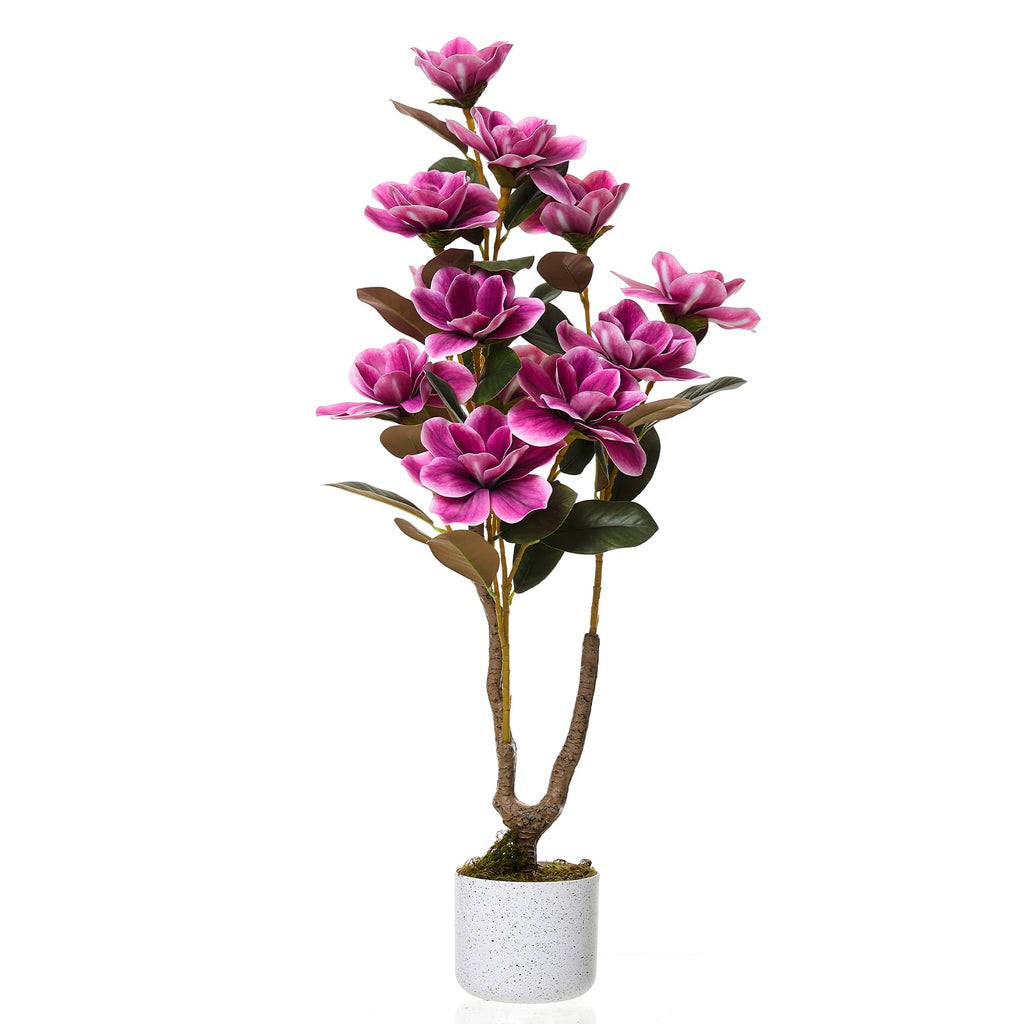 37" Artificial Magnolia Tree, Artificial Realistic Magnolia Grandiflora with White Planter and 12 Lifelike Flowers