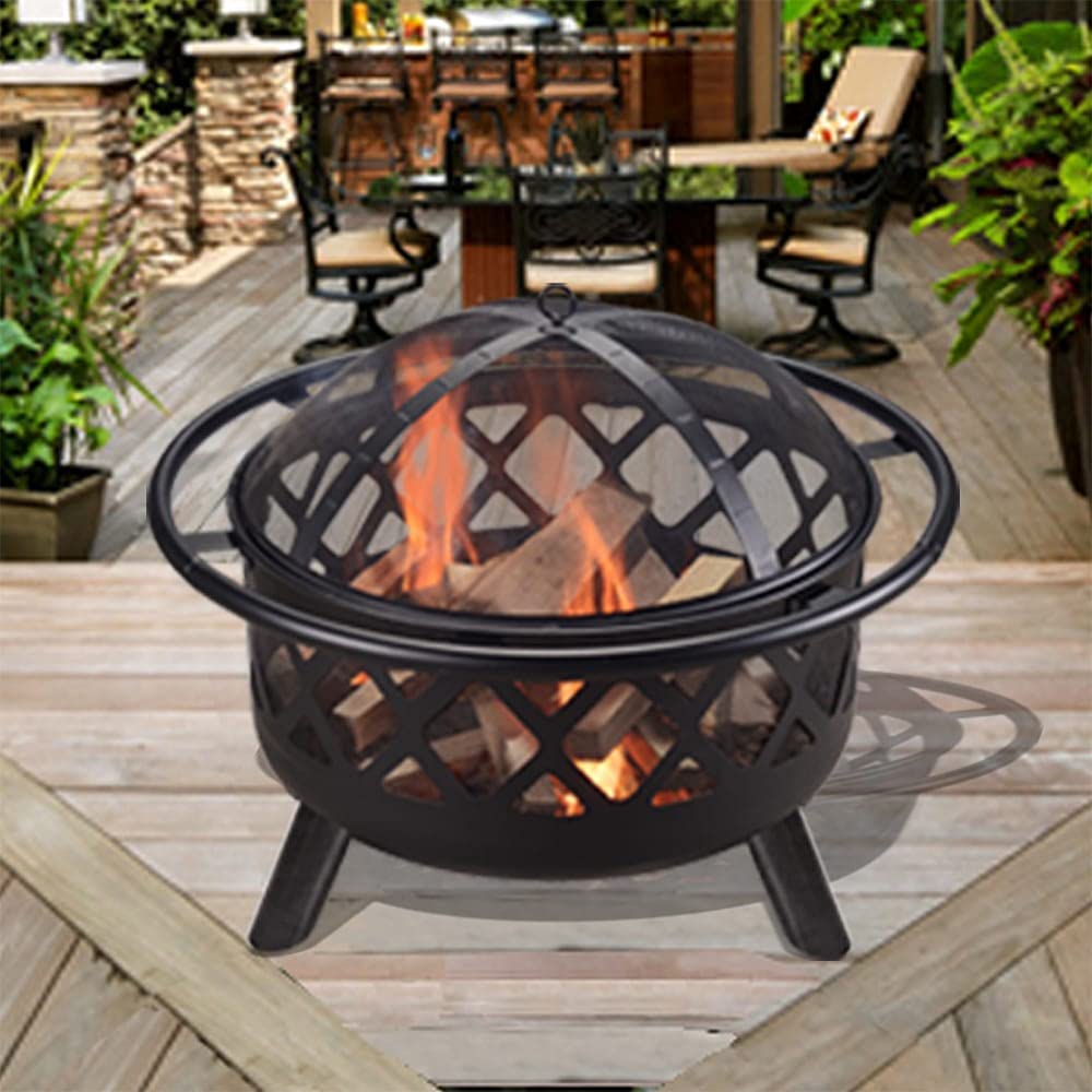 Large 76cm Garden Round Wood Burning Fire Pit, Outdoor Furniture Chimnea, Firepit Heater, Metal Log Burner Fire