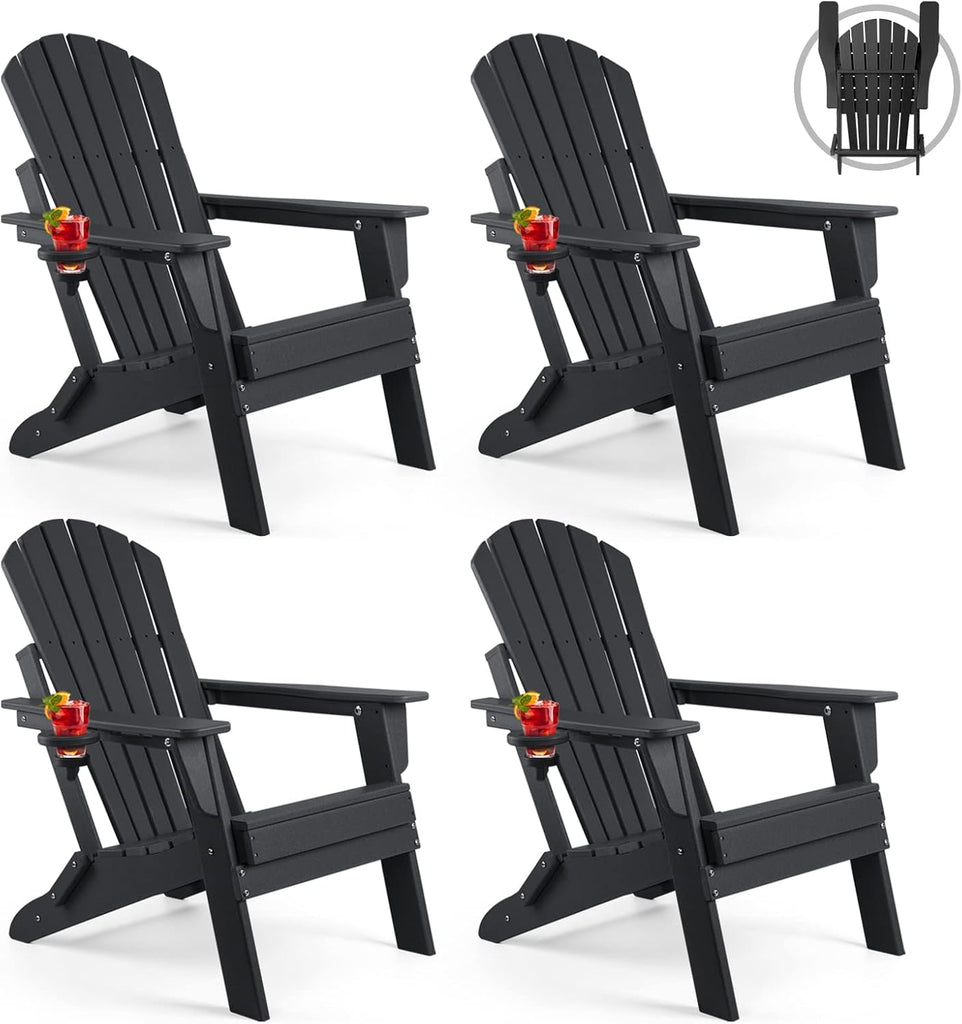 Folding Adirondack Chair Set of 4, Fire Pit Chairs with Cup Holder | HDPE All Weather, Quick-Folding, No Rot or Rust