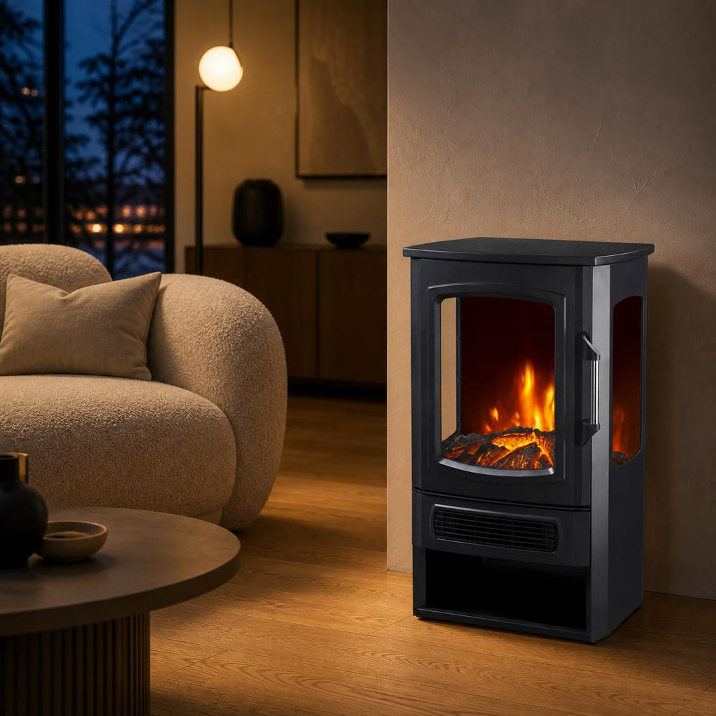 Three-Sided Electric Fireplace with Remote, 2-Stage with Heater, Thermostat & Timer, Iron+Glass+Plastic, Adjustable