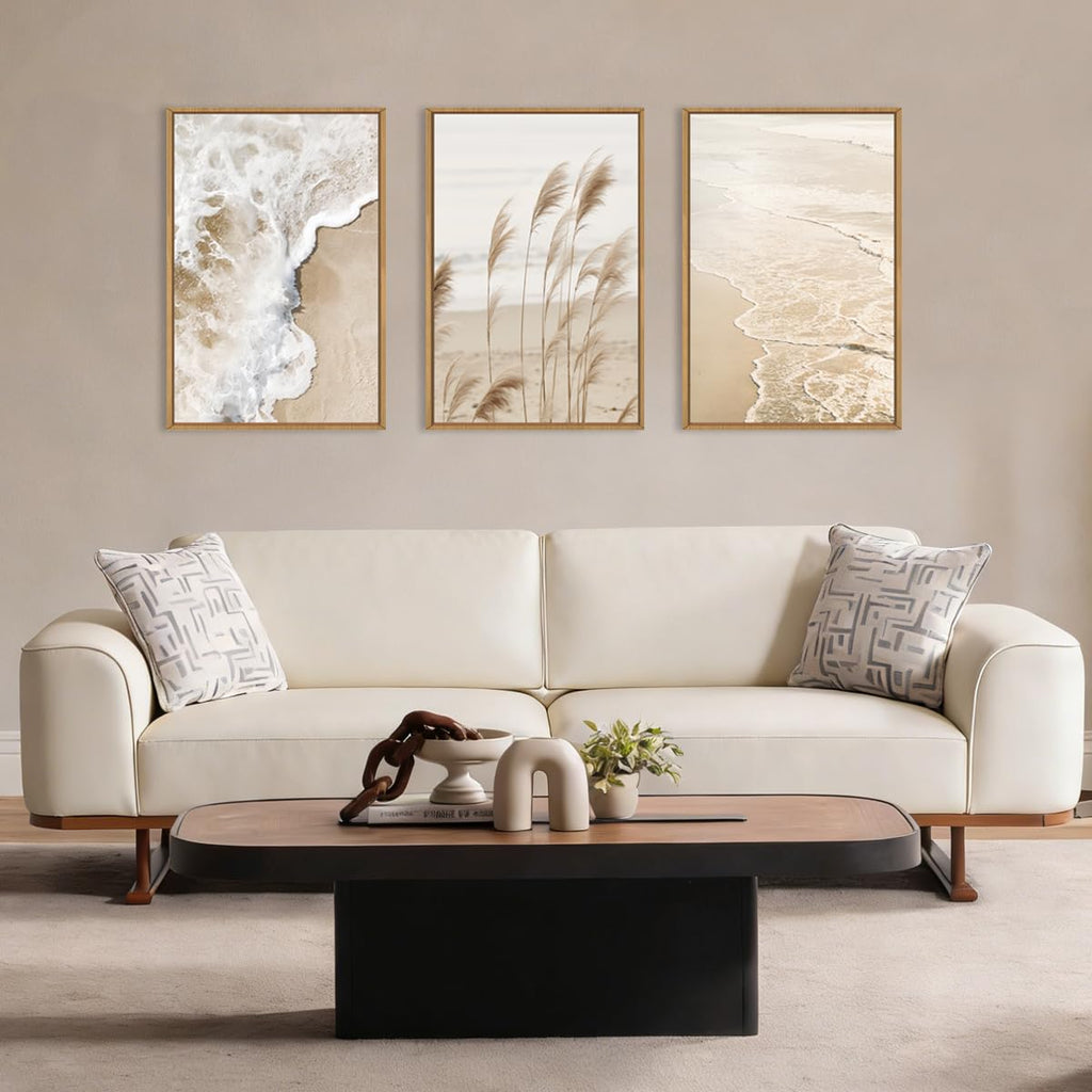 Large Beach Wave Pampas Grass Framed Canvas Wall Art Set-16"x24"x3