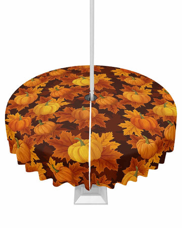 Thanksgiving Outdoor Tablecloths with Umbrella Hole and Zipper, Fall Pumpkin Maple Leaves Orange Yellow Brown