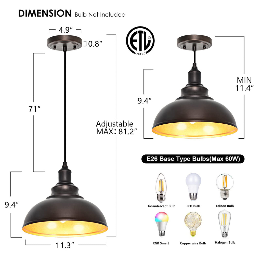 1 Pack Farmhouse Dome Pendant Lights Island Bronze