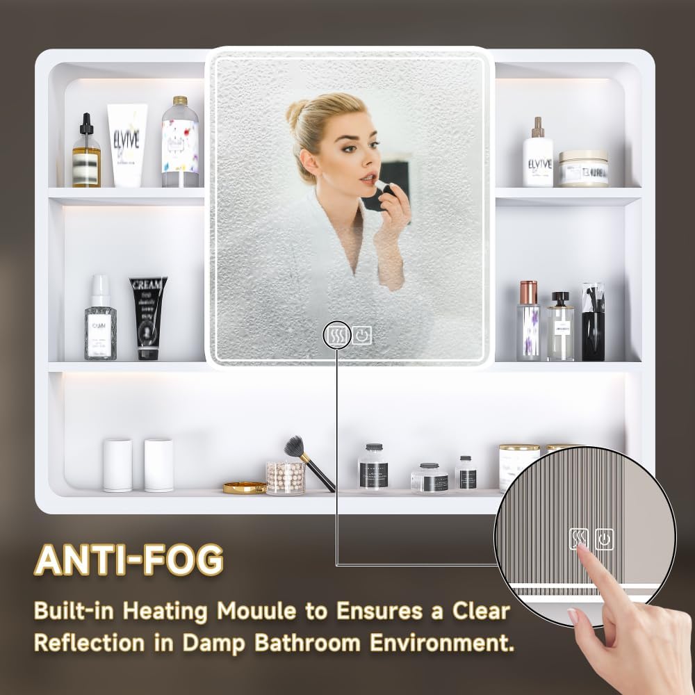 Wall Mounted Bathroom Mirror Cabinet with LED Lights, Anti-Fog Explosion-Proof, Touch Control Medicine Cabinet, 3