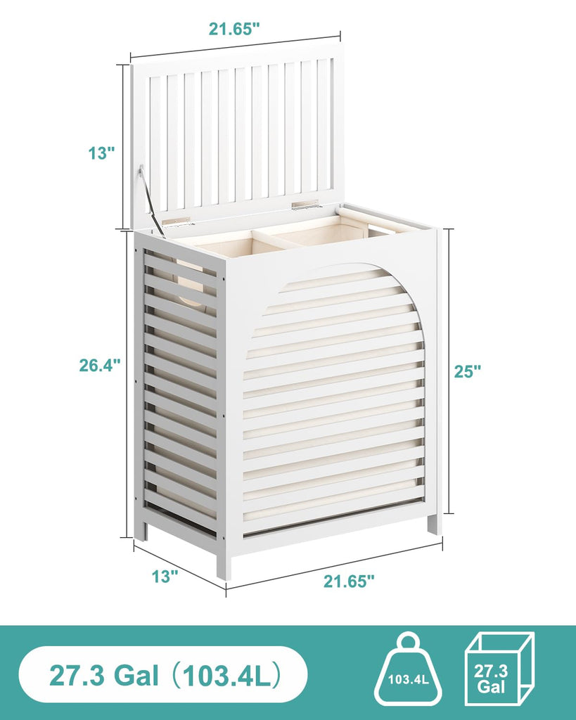 White Laundry Hamper, Laundry Hamper with Lid, 27.3 Gallon (103L) Bamboo Wood Clothes Laundry Basket with Lid and