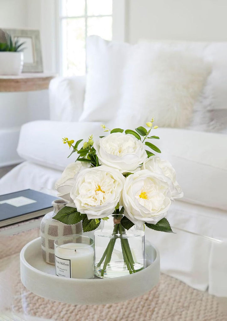Real Touch Peonies Artificial Flowers Arrangements in Vase White Fake Peonies with Glass Vase Silk David Austin Roses