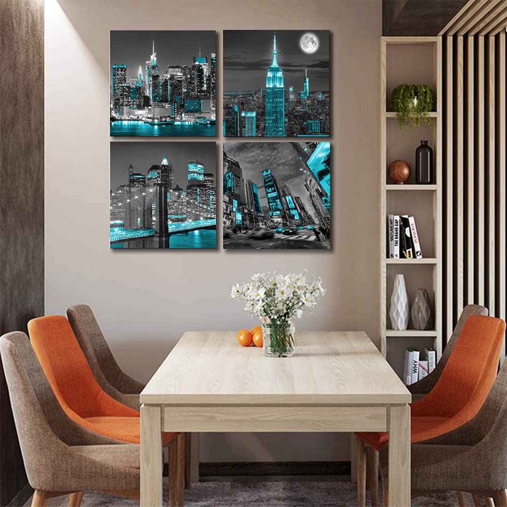 York City Canvas Wall Print black and white Brooklyn Bridge Pictures Blue Empire Building Wall Night View Modern