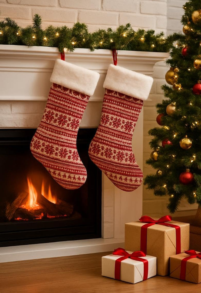 Holiday Christmas Stockings, Red and White Knit Pattern, Classic Snowflake Design, 4 Piece Set