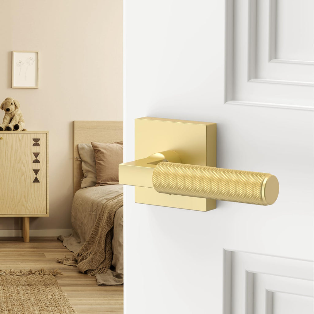 1 Pack Gold Privacy Door Handles, Knurled Door Levers Interior Gold Door Lever Bathroom Door Knobs Heavy Duty Square