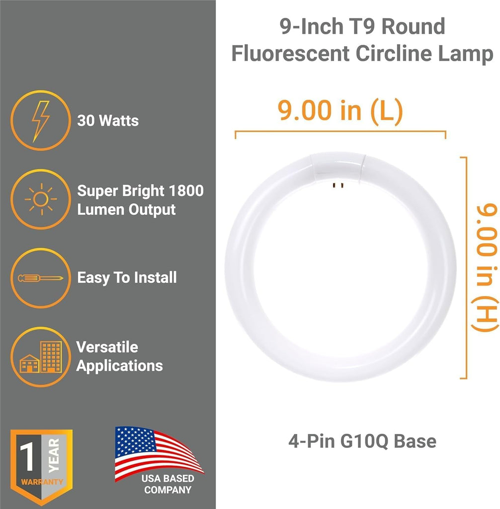 9 Inch Fluorescent Circular Light Bulb 30W 1800 Lumens 5000K Bright White G10Q 4-Pin Base Round Circline