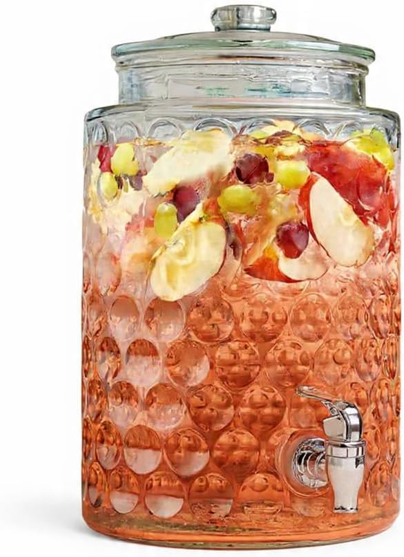 2 Gallon Beverage Serveware with Glass Lid - Elegant Bubble Pattern Design 100% Leakproof Glass Drink Dispenser