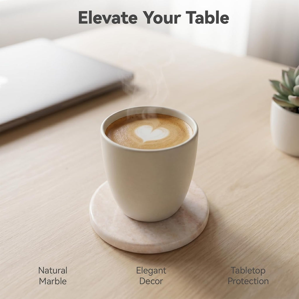 Creamy White Marble Coasters with Holder, Neutral Drink Coasters for Coffee Table, 4" Round Polished White - Set of 4