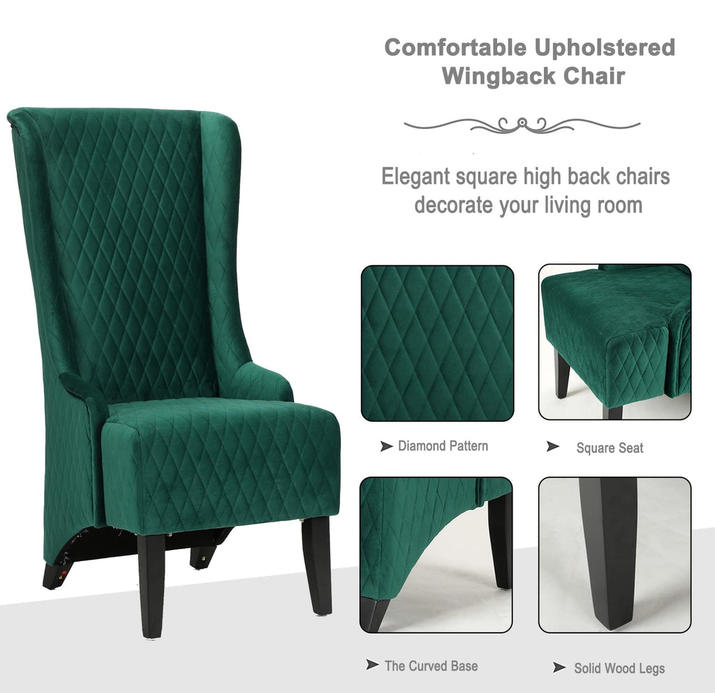 Velvet Modern Wingback Accent Chair, Green, Comfortable Fabric Covering, 20.5"W x 18.9"D x 46"H