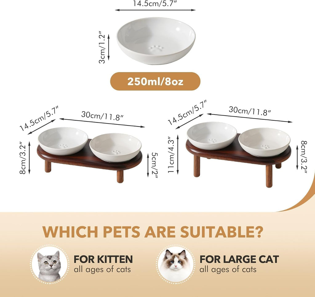 Elevated Cat Bowls, Ceramic Cat Bowl with Wood Stand, Wide Opening