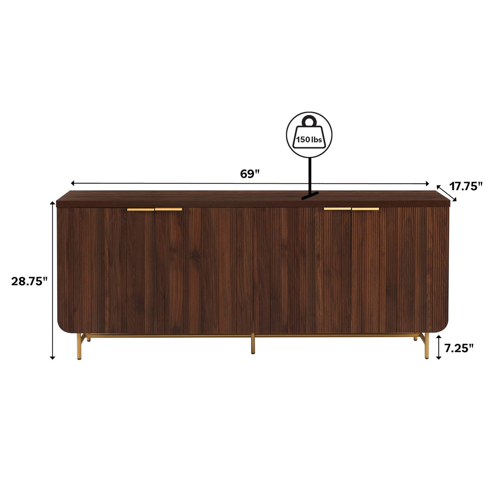 Reema Fluted 4-Door Kitchen Sideboard Buffet Console, 69 Inch, Gold, Dark Walnut