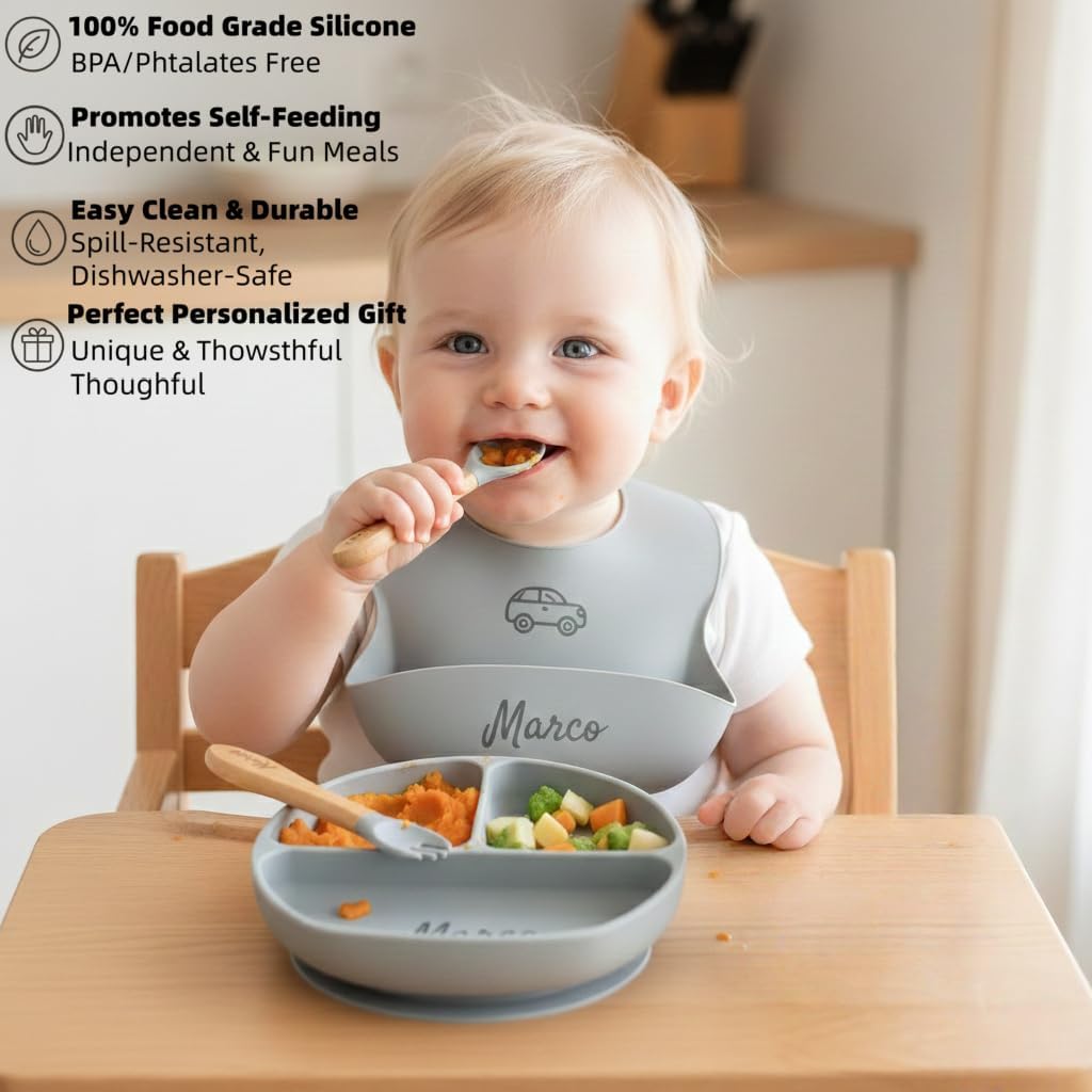 Personalized Name Food Grade 6pcs Baby Feeding Set with Spoon, Fork,Silicone Suction Bowls,Cup,Plate,and bib BPA Free