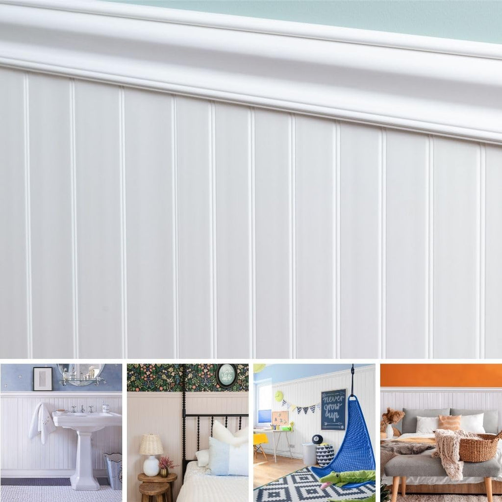 PVC Wainscoting Trim Kit, Waterproof Chair Rail & Base Molding, White, 2-Pc