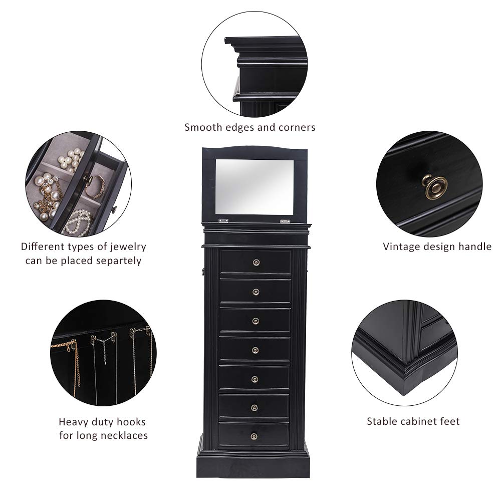 Large standing Jewelry Armoire Cabinet with 7 Drawers & 2 Swing Doors 24 Hooks, Large Wood Jewelry Cabinet Organizers